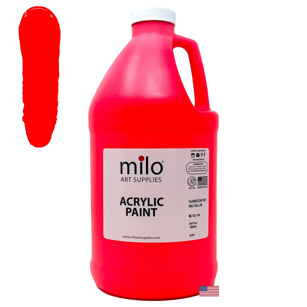 milo Fluorescent Red Neon Acrylic Paint | 64 oz Bottle Half Gallon | Glows UV in Black Light | Non-Toxic Made in USA | Bulk Art Paint for Party, Student, Classroom, Artist